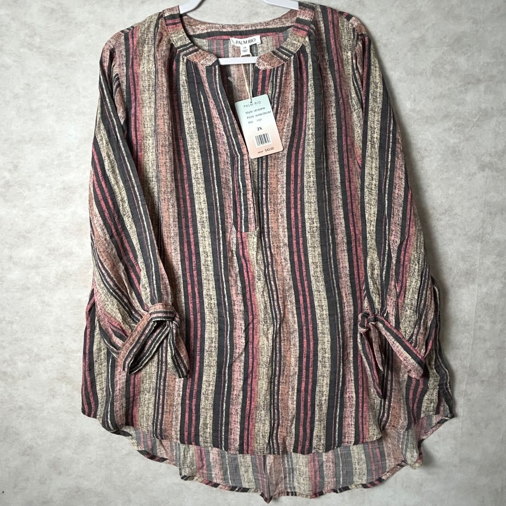 Palm Rio Womens 2X Striped Tunic Top Pink Black Tan Tie Sleeve V-Neck Blouse NEW